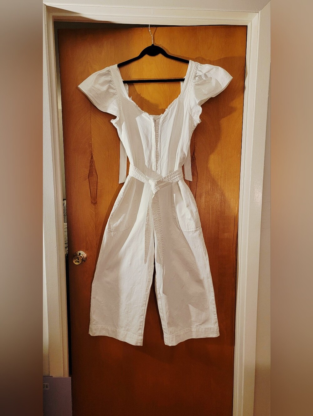 Zara Off White Cotton Ruffled Wide Leg Denim Jumpsuit - Size Medium